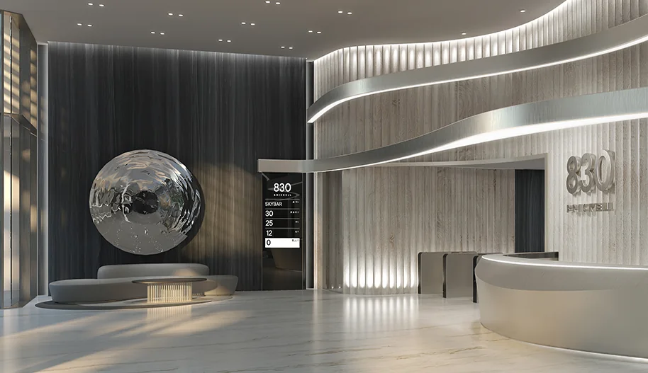 830 Brickell Plaza — Giriş alanı · Düşey yüzeyler