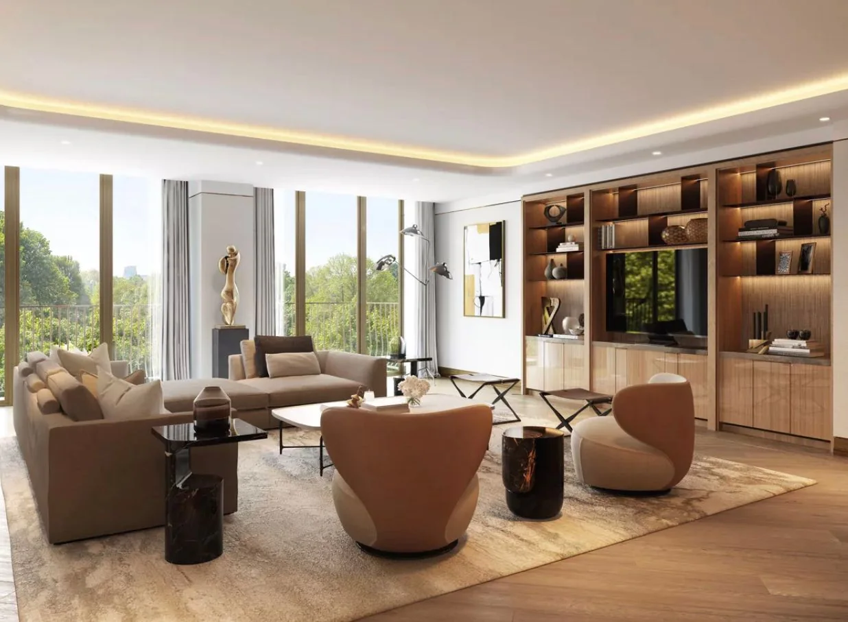 Park Modern London — kütüphane, oturma grubu ve yaşam alanı